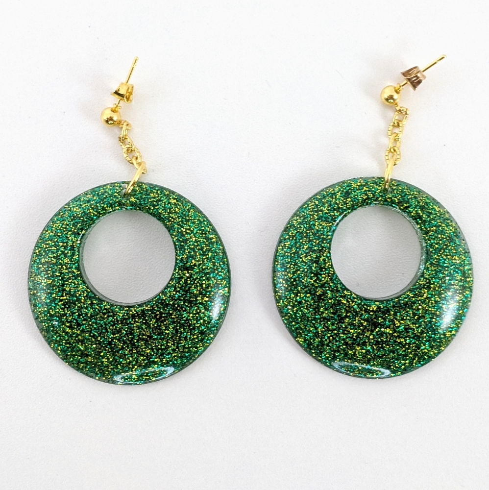 Cute Pretty Green Glitter Round Dangle Earrings
